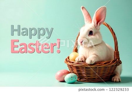 Easter card with live white rabbit and eggs in basket on cyan background. Happy Easter inscription Easter card with live white rabbit and eggs in basket on cyan background. Happy Easter inscription 122329233