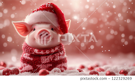 decorative guinea pig in Santa hat, pink background, banner with copy space, Happy New Year and Merry Christmas 122329269