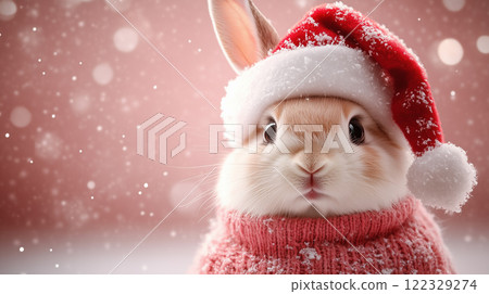 decorative guinea pig in Santa hat, pink background, banner with copy space, Happy New Year and Merry Christmas 122329274