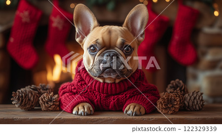 French Bulldog puppy, dog with gifts and decorations, banner with copy space, Happy New Year and Merry Christmas French Bulldog puppy, dog with gifts and decorations, banner with copy space, Happy New Year and Merry Christmas 122329339