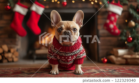 French Bulldog puppy, dog with gifts and decorations, banner with copy space, Happy New Year and Merry Christmas French Bulldog puppy, dog with gifts and decorations, banner with copy space, Happy New Year and Merry Christmas 122329340