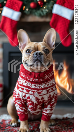 French Bulldog puppy, dog with gifts and decorations, banner with copy space, Happy New Year and Merry Christmas 122329342