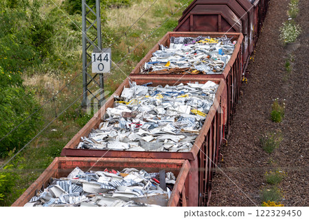 Above view of railway cargo train wagon filled by old rusty black metal scrap garbage forfactory plant recycling. Steel waste collecting, disposal transportation logistics. Environmental protection 122329450