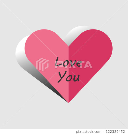 Love symbol concept greeting festive card, isolated element. Flat cartoon graphic style. Pink colour shape, gradient shadow. Love you lettering text space. White grey background, vector illustration Love symbol concept greeting festive card, isolated element. Flat cartoon graphic style. Pink colour shape, gradient shadow. Love you lettering text space. White grey background, vector illustration 122329452