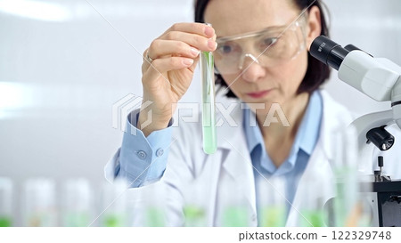 Woman scientist with protective glasses examining lab tube with a green fluid. Microbiology and science concept Woman scientist with protective glasses examining lab tube with a green fluid. Microbiology and science concept 122329748