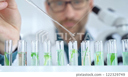 Man researcher with safety glasses is working with lab tubes using a pipette in laboratory, close-up of lab equipment. Science and medicine Man researcher with safety glasses is working with lab tubes using a pipette in laboratory, close-up of lab equipment. Science and medicine 122329749