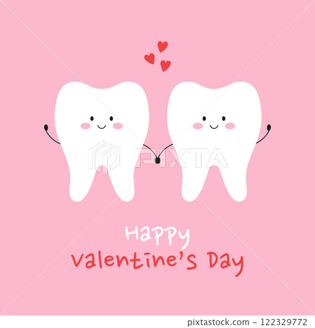 Happy Valentines Day greeting card with two cute smiling teeth characters holding hands on pink background. Holiday banner for dental clinic. Stomatology concept. Vector flat illustration Happy Valentines Day greeting card with two cute smiling teeth characters holding hands on pink background. Holiday banner for dental clinic. Stomatology concept. Vector flat illustration 122329772