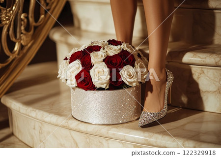 A luxurious bouquet of red and white roses is in a decorative gift box 122329918