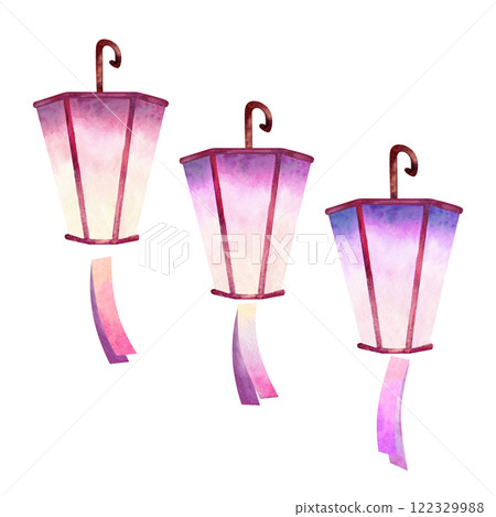 Paper lantern for celebrating the Japanese Hanami cherry blossom festival isolated on a white background. Beautiful light and gradient of lilac-pink-yellow color. Watercolor template 122329988