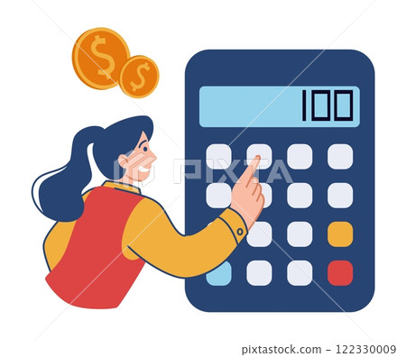 Time management. Business woman counting money with calculator. Payment schedule. Load paying timetable. Financial planning. Economy organizer. Credit or tax deadline. Vector concept Time management. Business woman counting money with calculator. Payment schedule. Load paying timetable. Financial planning. Economy organizer. Credit or tax deadline. Vector concept 122330009