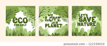Green background. Eco Earth Day. Abstract organic elements. Spring plant leaves. Save planet poster. Ecology friendly. Tree foliage. Motivation phrases. Vector design square cards set Green background. Eco Earth Day. Abstract organic elements. Spring plant leaves. Save planet poster. Ecology friendly. Tree foliage. Motivation phrases. Vector design square cards set 122330010