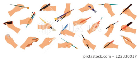 Hand holding pen. Writing with pencil. Carrying paintbrush bunch. Office stationery. Felt-tip market and highlighter for drawing. Writer palm. Artist hobby. Human limb. Vector arms set 122330017