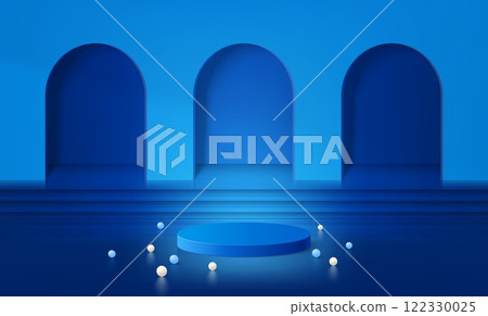 Blue podium. 3d ramadan room, luxury door with platform or color stage, arch on backdrop, minimalist mosque interior. Marketing promotion presentation showcase. Vector realistic background 122330025