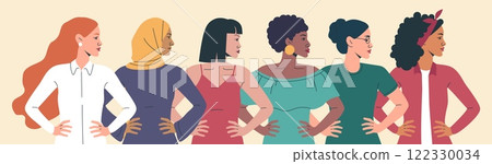 Women day. Strong woman, girl power or equal group silhouette. Arab, african and asian feminism community support. Celebrational banner design. Vector cartoon flat style isolated illustration 122330034