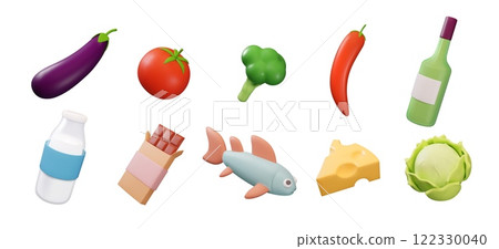 3D food icons. Cooking ingredients. Vegetable and grocery. Milk bottle. Salmon fish. Fresh fruit. Chocolate and cheese in supermarket shop. Meat and broccoli. Vector render products set 3D food icons. Cooking ingredients. Vegetable and grocery. Milk bottle. Salmon fish. Fresh fruit. Chocolate and cheese in supermarket shop. Meat and broccoli. Vector render products set 122330040