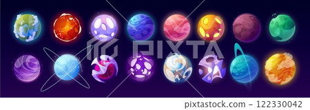 Space icons. Galaxy planets. Solar system. Earth and Mars. Game universe color sticker with gradient purple stars. Fantasy sky. Cosmos world. Saturn orbit. Vector cartoon astronomy set 122330042