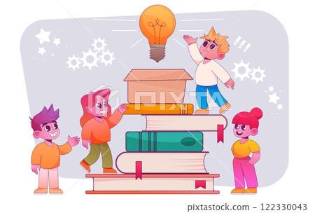 School students. Child study book, success outline people with pen. Simple smart pupil girl and boy person, idea growth. Education and knowledge design. Vector cartoon flat isolated concept 122330043