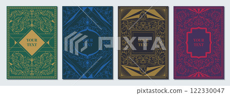 Floral cover. Ornament frame. Wedding poster. Flower line motif. Old retro pattern. Elegant antique card border. Classic title. Filigree leaves. Premium sticker. Vector backgrounds set 122330047