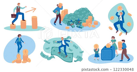 Finance success. Money banknotes heaps. Cash coins rain. Safe for family savings. Business startup. Rich businessman. Economy wealth. Banking investment. Financial vector concepts set 122330048
