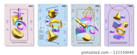 3d gold render. Geometric shape elements, abstract gradient ball figure or neon art triangle, iridescent or gold metallic cube. Glossy pyramid, purple poster, banner set, vector design 122330049