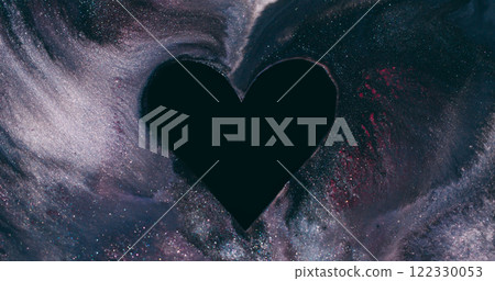 Heart ink liquid. Paint drop. Defocused dark silver black shape love frame texture marble spill on abstract art romantic background. Heart ink liquid. Paint drop. Defocused dark silver black shape love frame texture marble spill on abstract art romantic background. 122330053