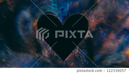 Flare paint. Ink heart. Defocused blue bronze multicolor light black shape love frame texture blend on abstract art romantic background. 122330057