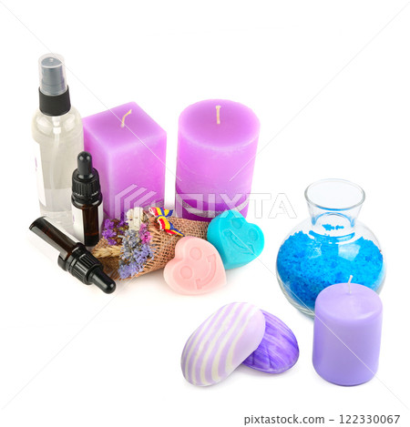 Lavender candle, soap, oil and lotion, isolated on white background. 122330067