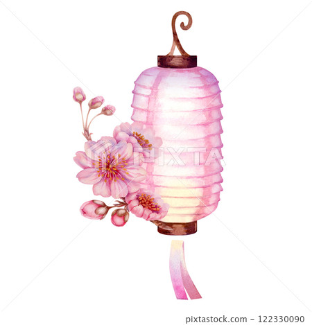 Paper lantern, cherry blossom for celebrating the Japanese Hanami festival isolated on a white background. Beautiful light and gradient of lilac-pink-yellow color. Watercolor template 122330090
