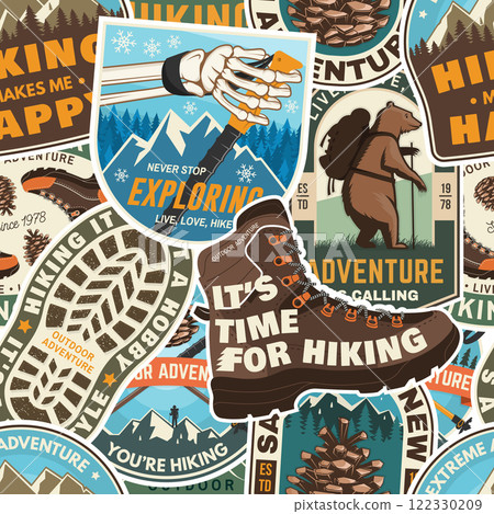 Hiking outdoor adventure seamless pattern with emblems, patch. Background, wallpaper, seamless pattern with human skeleton hand holding hiker pole, hiking boot, pine cone, hiker bear with backpack 122330209