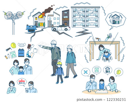 Earthquake disaster, illustration set of family preparing for earthquake 122330231