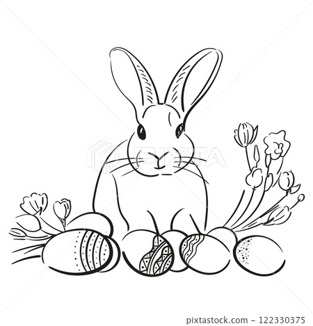 Easter bunny and eggs, line drawing. Easter illustration with a bunny. Vector sketch of rabbit in black line isolated from the background Easter bunny and eggs, line drawing. Easter illustration with a bunny. Vector sketch of rabbit in black line isolated from the background 122330375