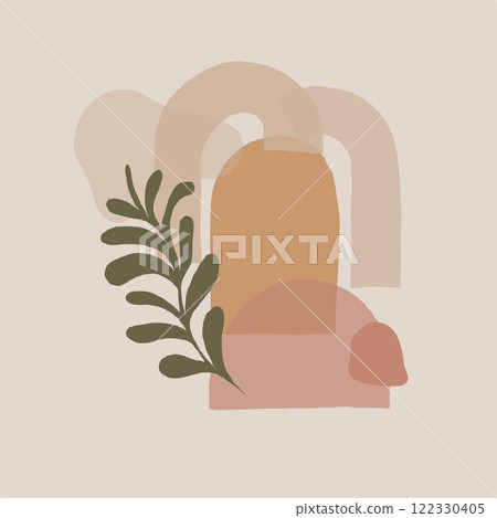Minimal abstract artwork with soft arches and warm earthy tones, layered with a green botanical leaf for a balanced and modern look. 122330405