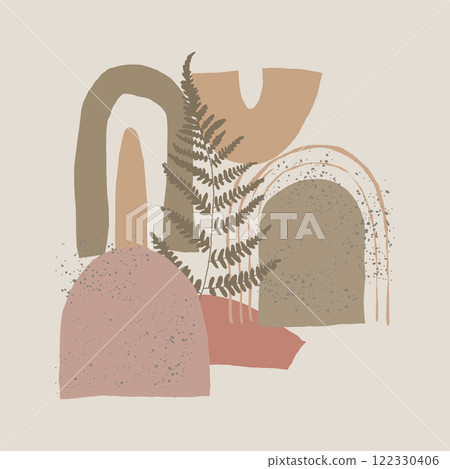 Abstract boho-inspired illustration with earthy tones, arched shapes, and ferns overlaying the composition, combining organic and geometric elements. 122330406