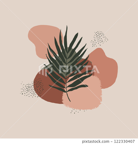 Abstract design featuring organic shapes in earthy tones of beige, pink, and orange, with a central green palm leaf overlay and a dotted texture for added depth. 122330407