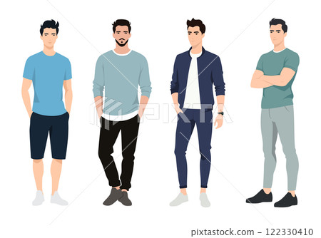 Flat vector artwork featuring five men in relaxed and stylish casual wear, representing different fashion styles with a modern aesthetic. Flat vector artwork featuring five men in relaxed and stylish casual wear, representing different fashion styles with a modern aesthetic. 122330410