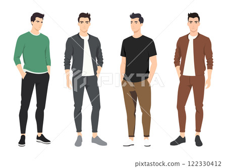 Vector illustration of four men in casual clothing, each with distinct styles, showcasing modern and stylish everyday fashion for men. Vector illustration of four men in casual clothing, each with distinct styles, showcasing modern and stylish everyday fashion for men. 122330412
