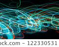 Abstract blurred colorful light effect on a black background. Long exposure photo of moving camera. 122330531