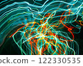 Abstract blurred colorful light effect on a black background. Long exposure photo of moving camera. 122330535