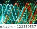 Abstract blurred colorful light effect on a black background. Long exposure photo of moving camera. 122330537