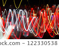 Abstract blurred colorful light effect on a black background. Long exposure photo of moving camera. 122330538