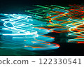 Abstract blurred colorful light effect on a black background. Long exposure photo of moving camera. 122330541
