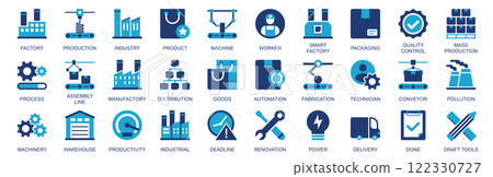 Factory icon set in flat duotone solid icons web design. Pack pictograms with production, industry, product, machine, packaging, quality control, progress, assembly line, other. Vector illustration. 122330727