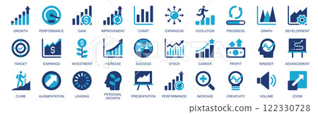 Growth icon set in flat duotone solid icons web design. Pack pictograms with performance, gain, improvement, expansion, evolution, progress, graph, earning, investment, other. Vector illustration. Growth icon set in flat duotone solid icons web design. Pack pictograms with performance, gain, improvement, expansion, evolution, progress, graph, earning, investment, other. Vector illustration. 122330728