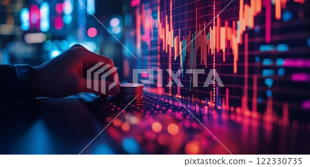 Investing in cryptocurrency trends with digital charts and data analysis at night 122330735