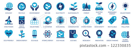 Ecology icon set in flat duotone solid icons web design. Pack pictograms with recycle, environment, nature, electricity, sustainability, forest, electric car, renewable, other. Vector illustration. 122330835
