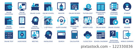 Online education icon set in flat duotone solid icons web design. Pack pictograms with teaching, class, school, mentor, tutor cost, educational, learning platform, student, other. Vector illustration. 122330836