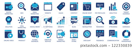 Digital marketing icon set in flat duotone solid icons web design. Pack pictograms with seo, email, sales, content, pay per click, analytics, target audience, social media, other. Vector illustration. Digital marketing icon set in flat duotone solid icons web design. Pack pictograms with seo, email, sales, content, pay per click, analytics, target audience, social media, other. Vector illustration. 122330839