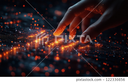 Explore tech and creativity with glowing dots under a hand in a dark setting 122330856