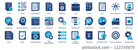 Task icon set in flat duotone solid icons web design. Pack pictograms with to do list, assignment, duty, project, multitasking, deadline, timetable, operation, priority, other. Vector illustration. 122330870