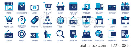 Shopping icon set in flat duotone solid icons web design. Pack pictograms with store, bag, money, cart, product, delivery, payment, grocery, customer service, price tag, other. Vector illustration. 122330891
